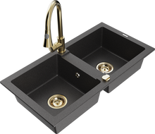 Mexen Mario granite sink, 2-bowl with Elia kitchen tap, black speckled - 6504-76-670101-50