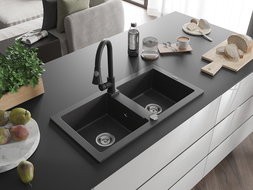 Mexen Mario 2-Bowl Granite Kitchen Sink with Elia Tap, Black Speckled - 6504-76-670101-70