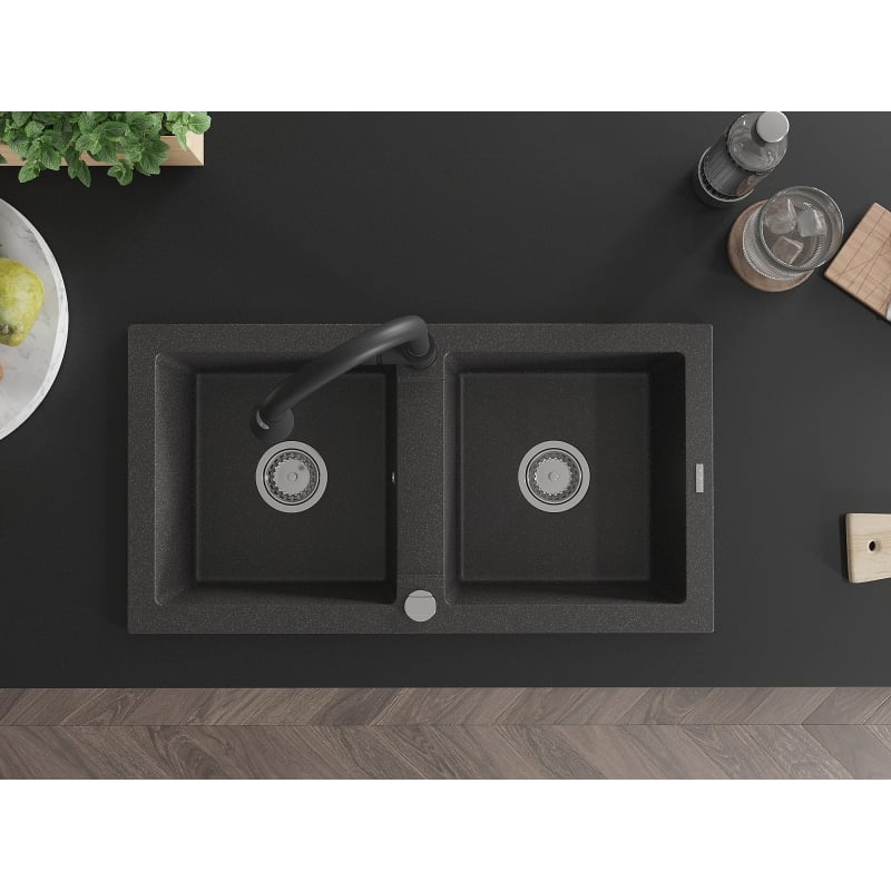 Mexen Mario granite double-bowl kitchen sink with Elia faucet, speckled black - 6504-76-670101-70