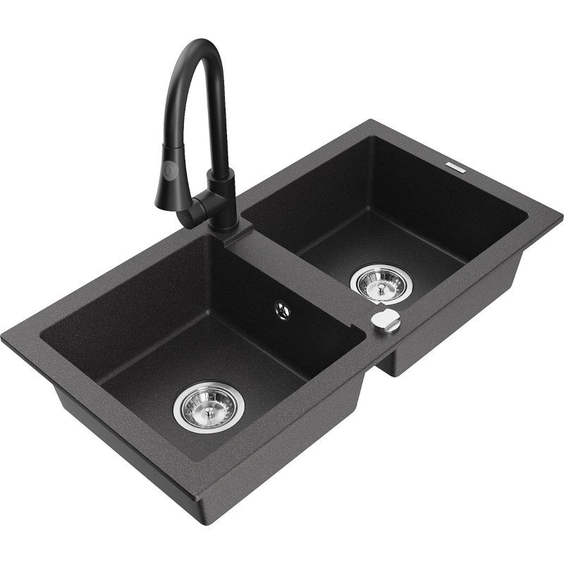Mexen Mario fregadero de granito de 2 compartimentos con grifo de cocina Elia, negro moteado - 6504-76-670101-70