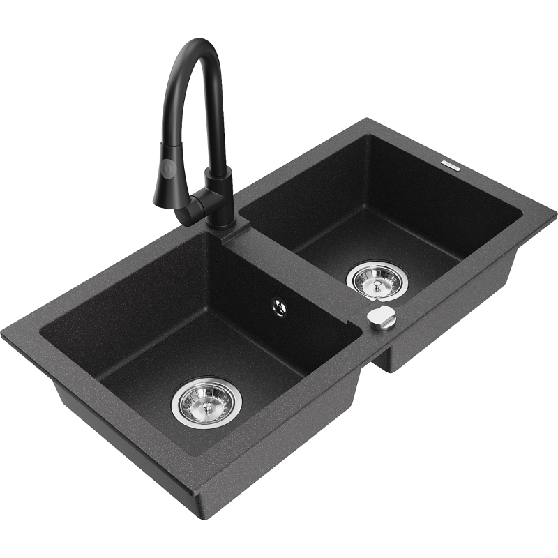 Mexen Mario granitdiskbänk med 2 fack och kökskran Elia, svart med stänk - 6504-76-670101-70