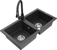 Mexen Mario fregadero de granito de 2 compartimentos con grifo de cocina Elia, negro moteado - 6504-76-670101-70