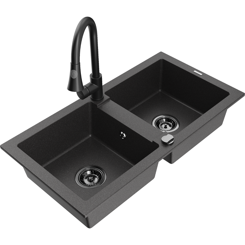 Mexen Mario 2-Kammer-Granispüle mit Küchenarmatur Elia, schwarz gesprenkelt - 6504-76-670101-70-B