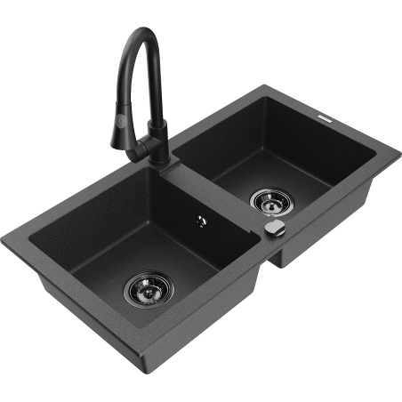 Mexen Mario fregadero de granito de 2 senos con grifo de cocina Elia, negro moteado - 6504-76-670101-70-B