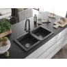 Mexen Mario 2-bowl granite sink with Elia kitchen faucet, black speckled - 6504-76-670101-76