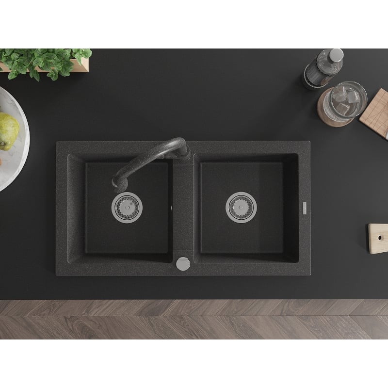 Mexen Mario 2-bowl granite sink with Elia kitchen faucet, black speckled - 6504-76-670101-76