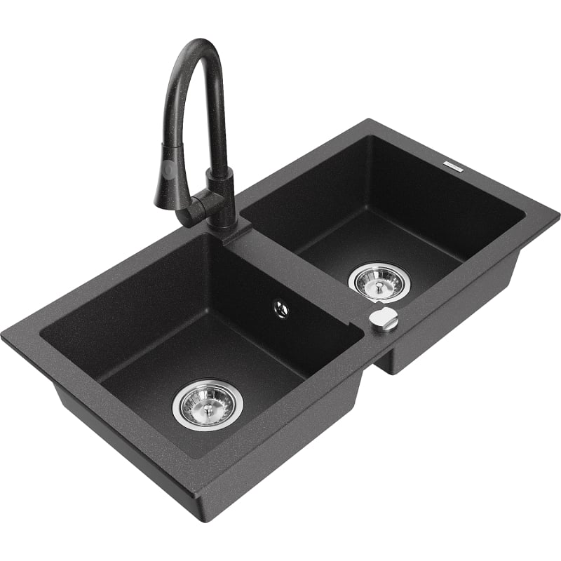 Mexen Mario 2-bowl granite sink with Elia kitchen faucet, black speckled - 6504-76-670101-76