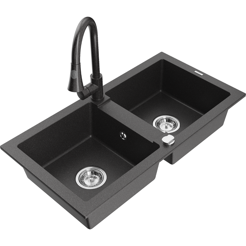 Mexen Mario 2-chamber granite sink with Elia kitchen tap, black speckled - 6504-76-670101-76