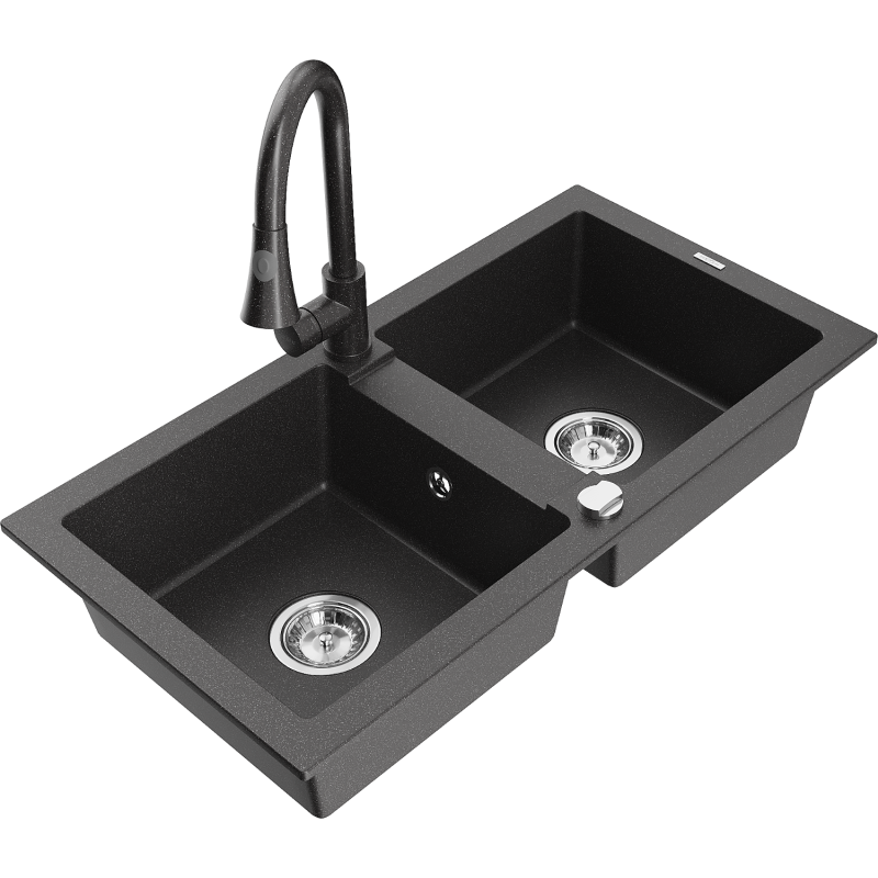 Mexen Mario lava-loiça de granito de 2 cubas com torneira de cozinha Elia, preto salpicado - 6504-76-670101-76