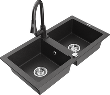Mexen Mario fregadero de granito de 2 senos con grifo de cocina Elia, negro moteado - 6504-76-670101-76