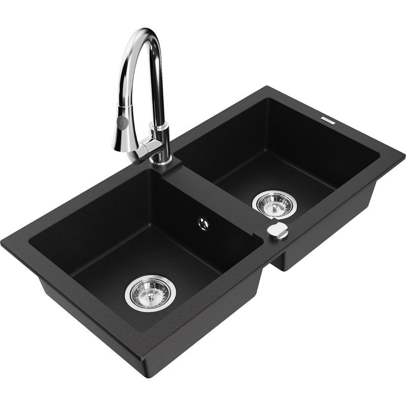 Mexen Mario lava-louça de granito de 2 cubas com torneira de cozinha Elia, preto - 6504-77-670101-00