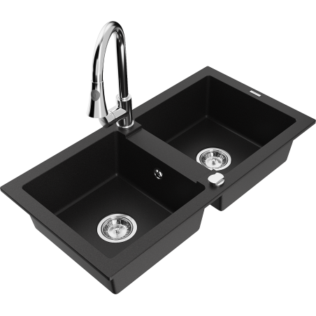 Mexen Mario lavello in granito a 2 vasche con rubinetto da cucina Elia, nero - 6504-77-670101-00