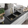 Mexen Mario granite sink 2-bowl with Elia kitchen tap, black - 6504-77-670101-50