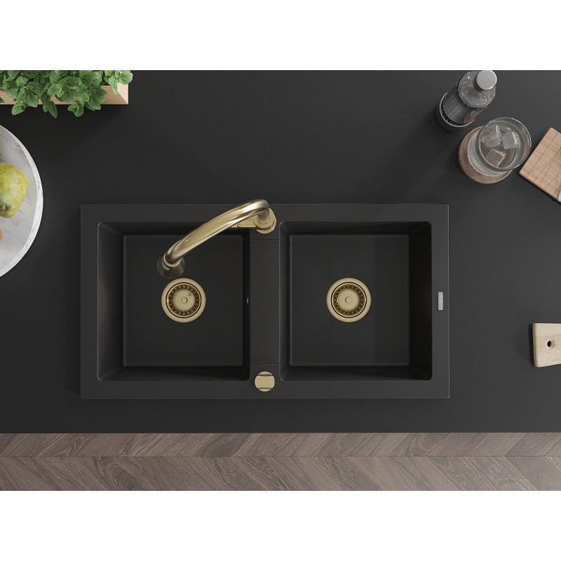 Mexen Mario fregadero de granito de 2 senos con grifo de cocina Elia, negro - 6504-77-670101-50