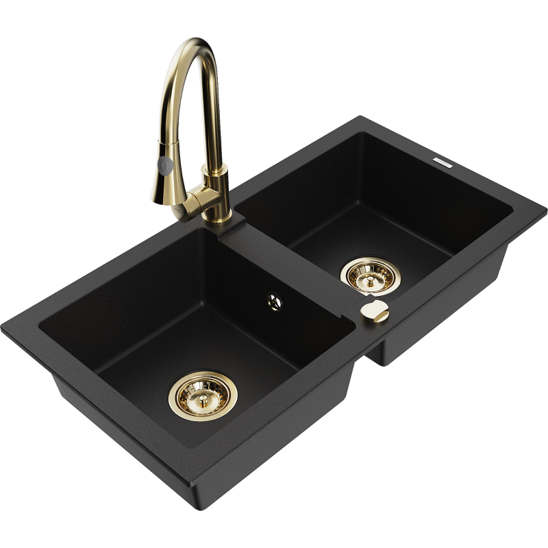 Mexen Mario fregadero de granito de 2 senos con grifo de cocina Elia, negro - 6504-77-670101-50