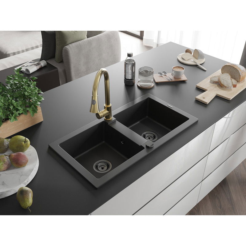 Mexen Mario 2-bowl granite kitchen sink with Elia kitchen tap, black - 6504-77-670101-50-B