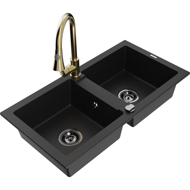 Mexen Mario 2-bowl granite kitchen sink with Elia kitchen tap, black - 6504-77-670101-50-B
