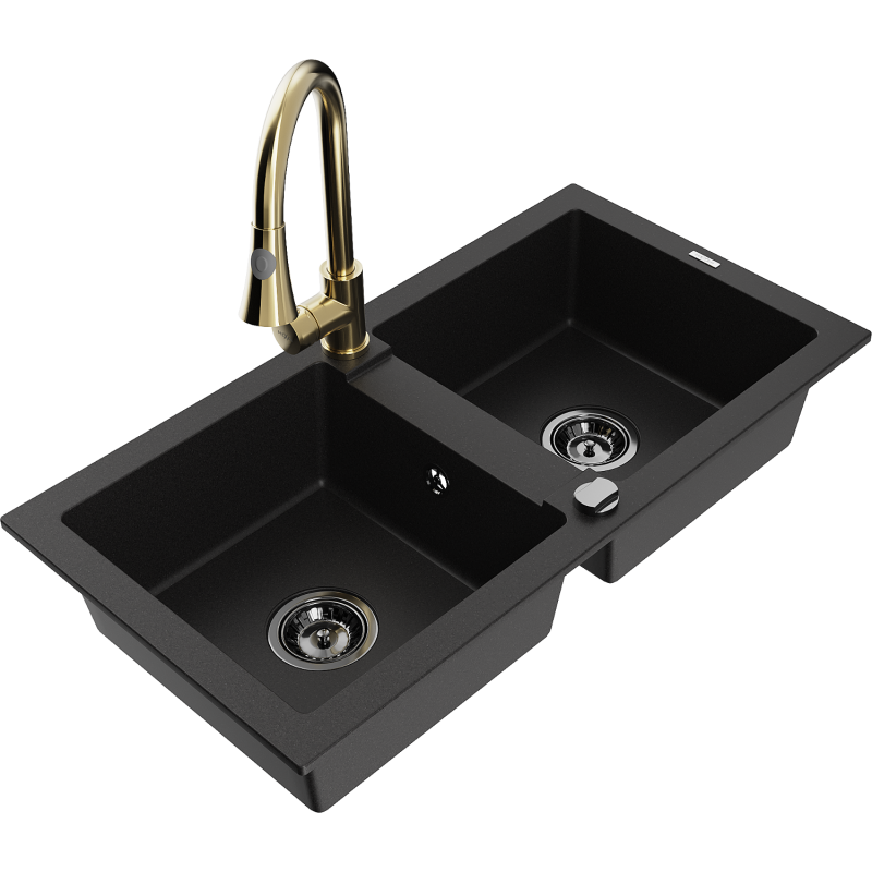 Mexen Mario fregadero de granito de 2 senos con grifo de cocina Elia, negro - 6504-77-670101-50-B
