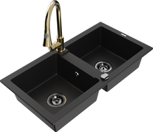 Mexen Mario 2-bowl granite kitchen sink with Elia kitchen tap, black - 6504-77-670101-50-B