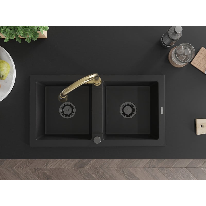 Mexen Mario fregadero de granito de 2 senos con grifo de cocina Elia, negro - 6504-77-670101-50-B