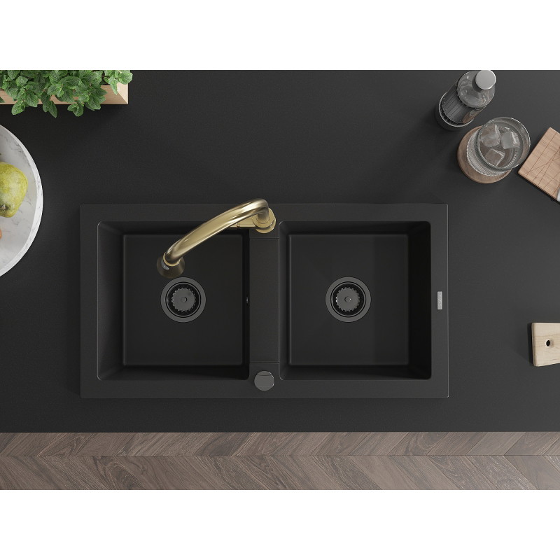 Mexen Mario granit stenen gootsteen 2-kamer met keuken kraan Elia, zwart - 6504-77-670101-50-B