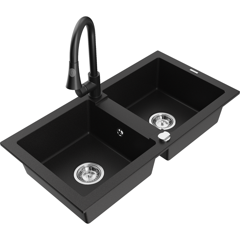 Mexen Mario granitno kuhinjsko korito z dvema komorama s kuhinjsko pipo Elia, črno - 6504-77-670101-70