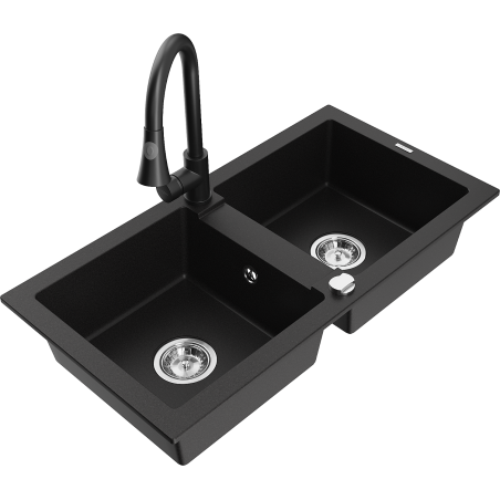 Mexen Mario 2-bowl granite sink with Elia kitchen tap, black - 6504-77-670101-70