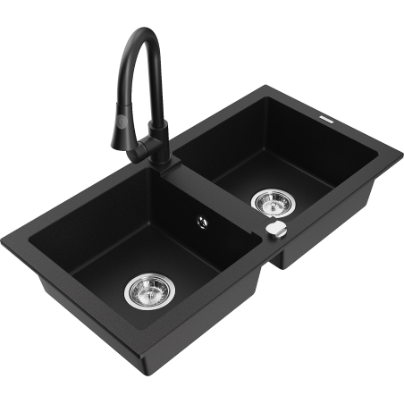Mexen Mario granitische gootsteen met 2 kamers en keukenmengkraan Elia, zwart - 6504-77-670101-70