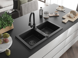 Mexen Mario fregadero de granito de 2 senos con grifo de cocina Elia, negro - 6504-77-670101-70-B