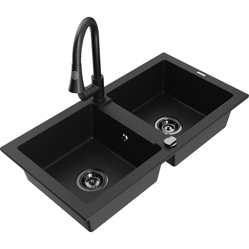 Mexen Mario granite sink 2-bowl with Elia kitchen tap, black - 6504-77-670101-70-B