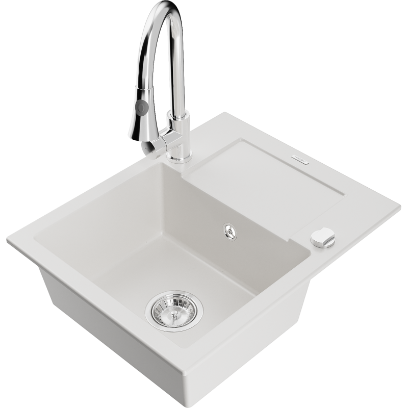 Mexen Enzo 1-bowl granite sink with drainer and Elia kitchen tap, white - 6506-20-670101-00