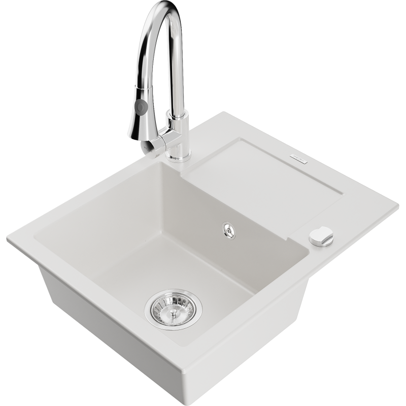 Mexen Enzo Graniittinen 1-altainen keittiöallas valutustasolla ja keittiöhanalla Elia, valkoinen - 6506-20-670101-00