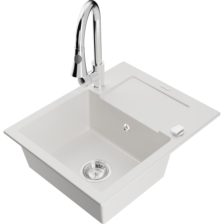 Mexen Enzo fregadero de granito de 1 cubeta con escurridor y grifo de cocina Elia, blanco - 6506-20-670101-00