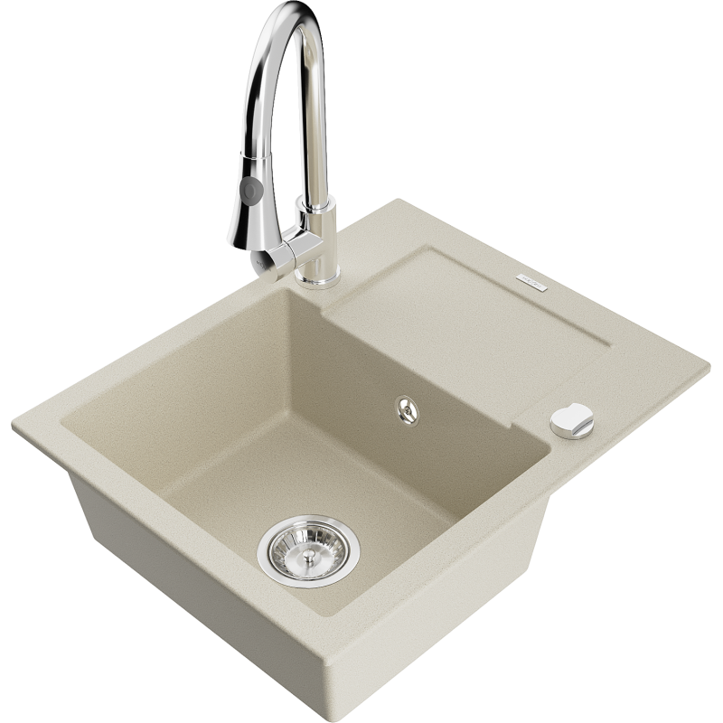 Mexen Enzo fregadero de granito de 1 cubeta con escurridor y grifo de cocina Elia, beige - 6506-69-670101-00