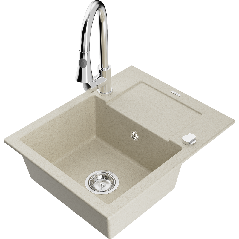 Mexen Enzo granite sink 1-bowl with drainer and Elia kitchen tap set, beige - 6506-69-670101-00
