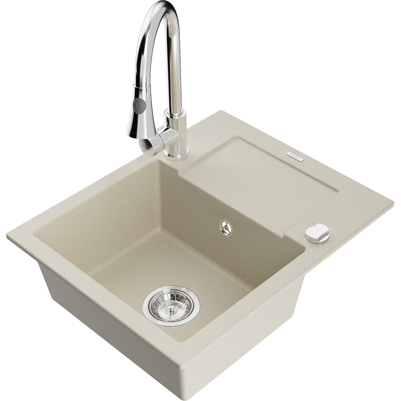 Mexen Enzo Granitspüle 1-Becken mit Abtropffläche und Küchenarmatur Elia, beige - 6506-69-670101-00