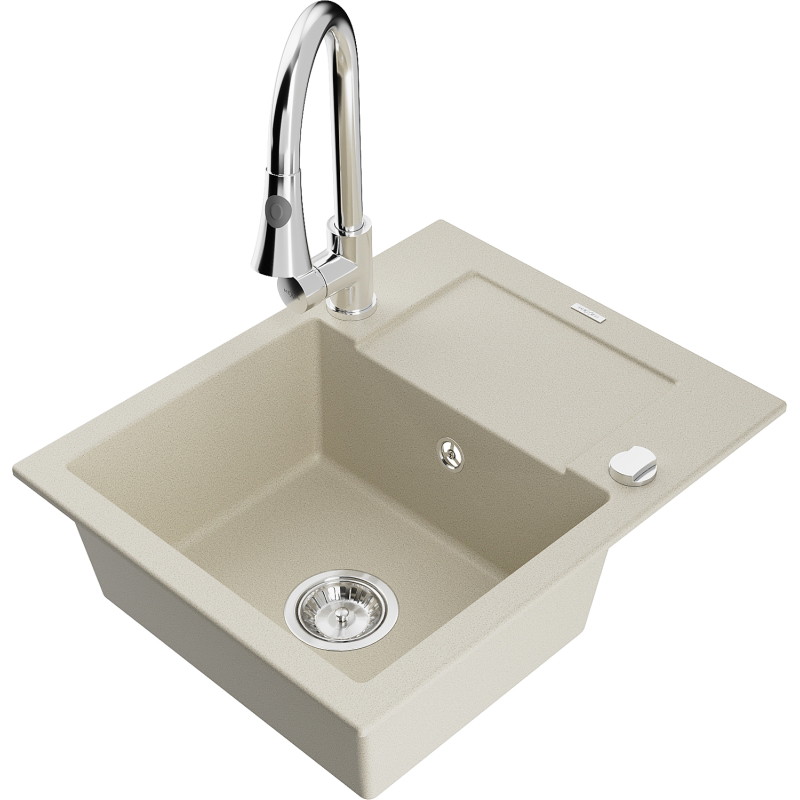 Mexen Enzo Granitspüle 1-beckig mit Abtropffläche und Küchenarmatur Elia, beige - 6506-69-670101-00