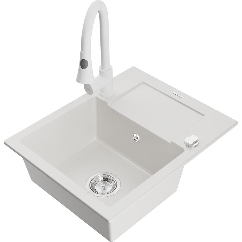 Mexen Enzo fregadero de granito de 1 seno con escurridor y grifo de cocina Elia, blanco - 6506-20-670101-20