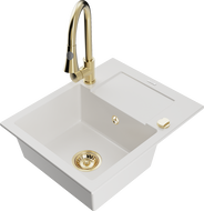 Mexen Enzo 1-bowl granite sink with drainer and Elia kitchen faucet, white - 6506-20-670101-50