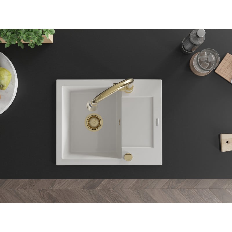 Mexen Enzo granitdiskho med en skål, avrinning och köksblandare Elia, vit - 6506-20-670101-50