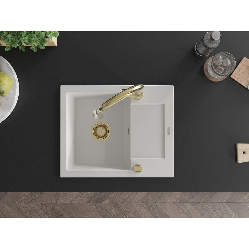 Mexen Enzo granitno pomivalno korito z 1 prekatom z odcejalnikom in kuhinjsko pipo Elia, belo - 6506-20-670101-50