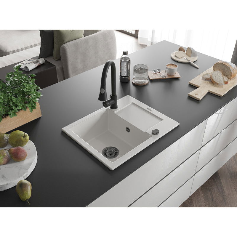 Mexen Enzo 1-bowl Granite Sink with Drainer and Elia Kitchen Tap, White - 6506-20-670101-70