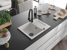 Mexen Enzo 1-bowl Granite Sink with Drainer and Elia Kitchen Tap, White - 6506-20-670101-70