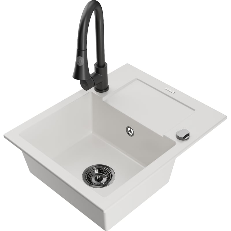 Mexen Enzo 1-bowl granite sink with drainer and kitchen faucet Elia, white - 6506-20-670101-70