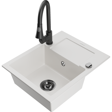 Mexen Enzo fregadero de granito de 1 seno con escurridor y grifo de cocina Elia, blanco - 6506-20-670101-70