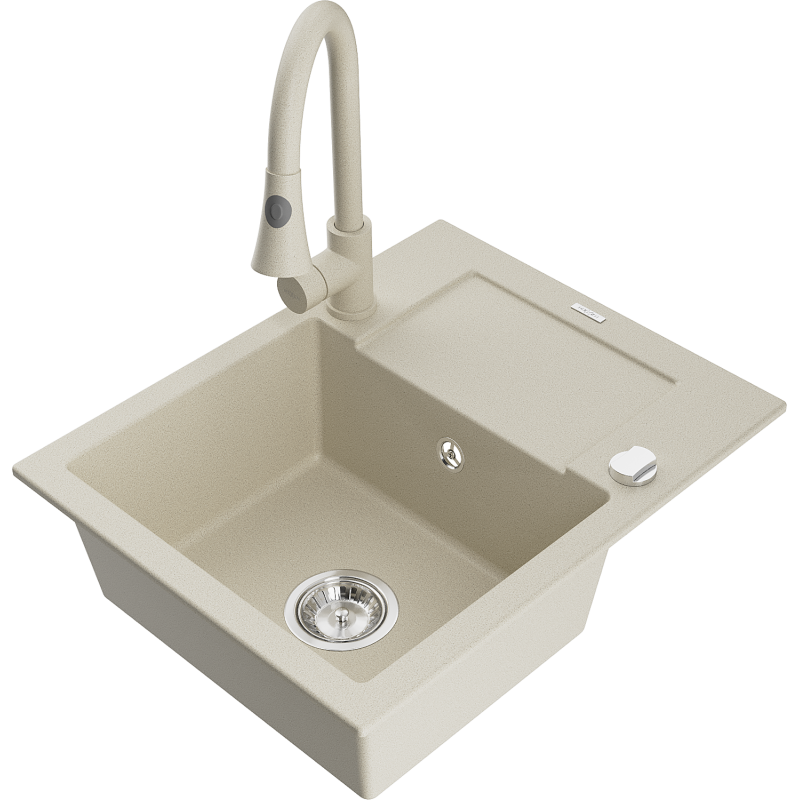 Mexen Enzo granieten spoelbak met 1 kom, afdruipblad en keukenmengkraan Elia, beige - 6506-69-670101-69