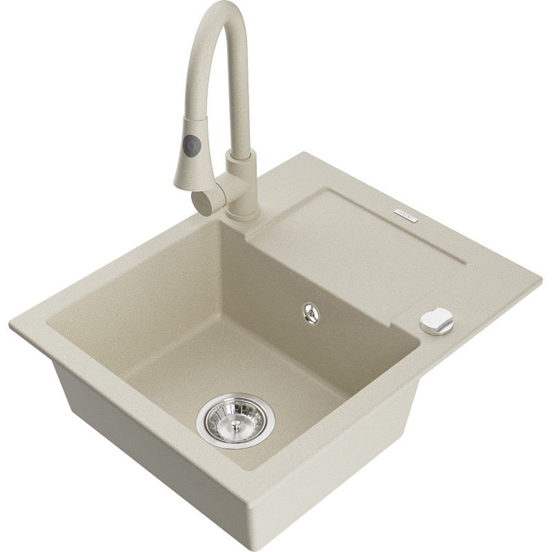 Mexen Enzo lavello in granito a 1 vasca con scolapiatti e rubinetto da cucina Elia, beige - 6506-69-670101-69
