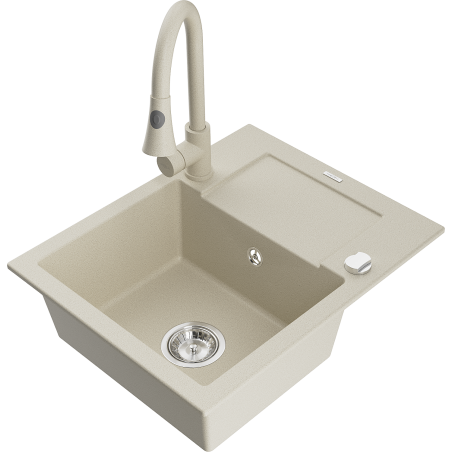 Mexen Enzo granieten spoelbak met 1 kom, afdruipblad en keukenmengkraan Elia, beige - 6506-69-670101-69