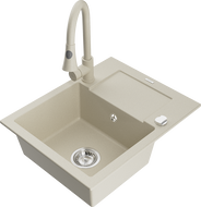 Mexen Enzo 1-bowl granite sink with drainer and Elia kitchen faucet, beige - 6506-69-670101-69