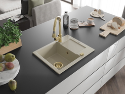 Mexen Enzo Granitspüle 1-becken mit Abtropffläche und Küchenarmatur Elia, beige - 6506-69-670101-50